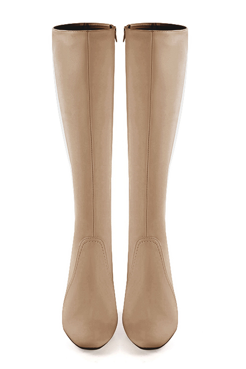Tan beige women's feminine knee-high boots. Round toe. High block heels. Made to measure. Top view - Florence KOOIJMAN